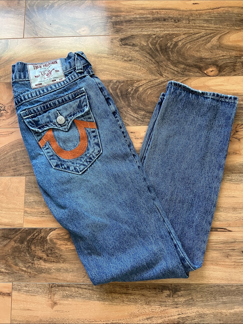 True Religion Ricky Straight Jeans Mens 29x32 Y2K Orange Stitch Denim